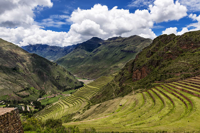 View of the Sacred Valley and ancient Inca terraces in Pisac, Peru.